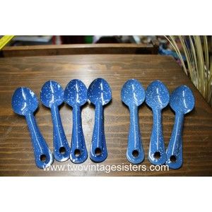 Seven Camping Blue White Speckled Enamelware Spoon